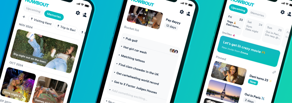 Screenshots from the howbout app, the social calendar that makes it easier to get your friends together and actually get your plans out of the group chat